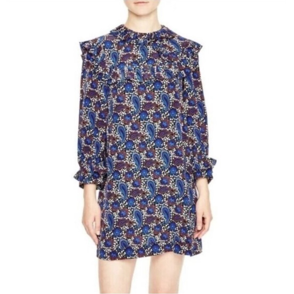 SANDRO blue silk paisley shift dress with frilly accents, size M/L